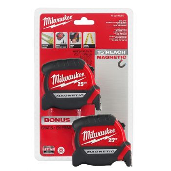 Milwaukee 25ft Compact Wide Blade Magnetic Tape Measure, 2 Pk.