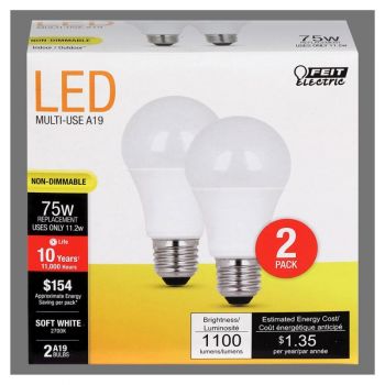 LED Bulb A19 75W Equiv, Non-Dimmable, 1100 Lumen 2700K 2 pk