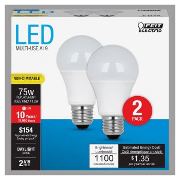 LED Bulb A19 75W Equiv, Non-Dimmable, 5K 2 pk