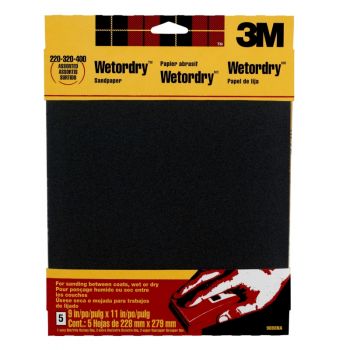 3M™ Wetordry Assorted Grit Waterproof Silicone Carbide Sandpaper, 9” x 11”, 5 Pk